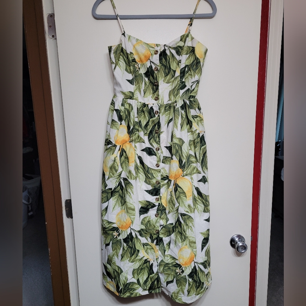 H&M Lemon Print Midi Linen Blend Lined Dress XS